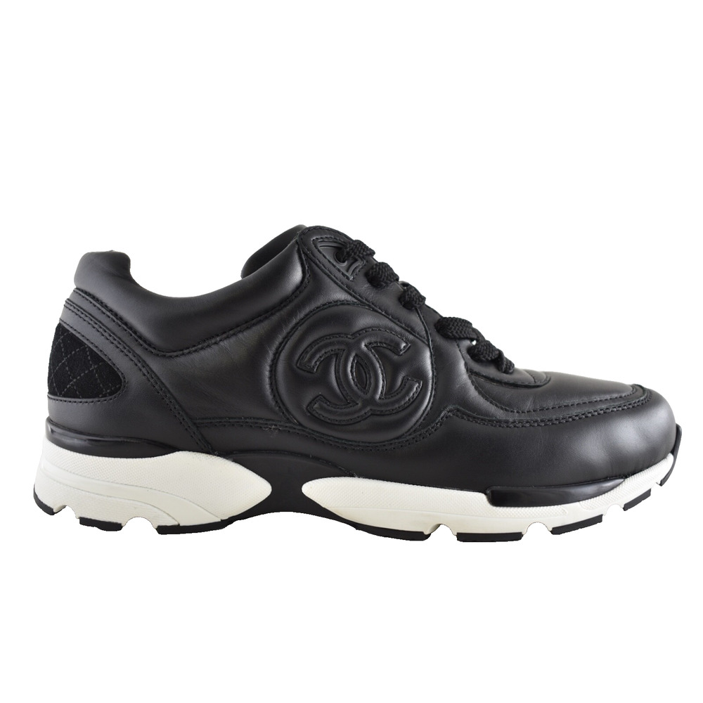 Chanel 23K Black Calfskin Leather White CC Logo Flat Runner Trainer Sneaker 38